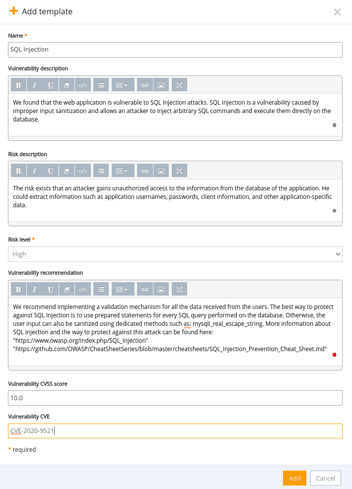 Editable reporting template